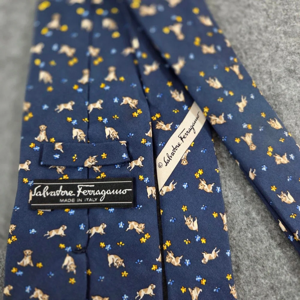 Salvatore Ferragamo Mens Silk Tie Navy Puppy Dog Floral Animal Print Italy